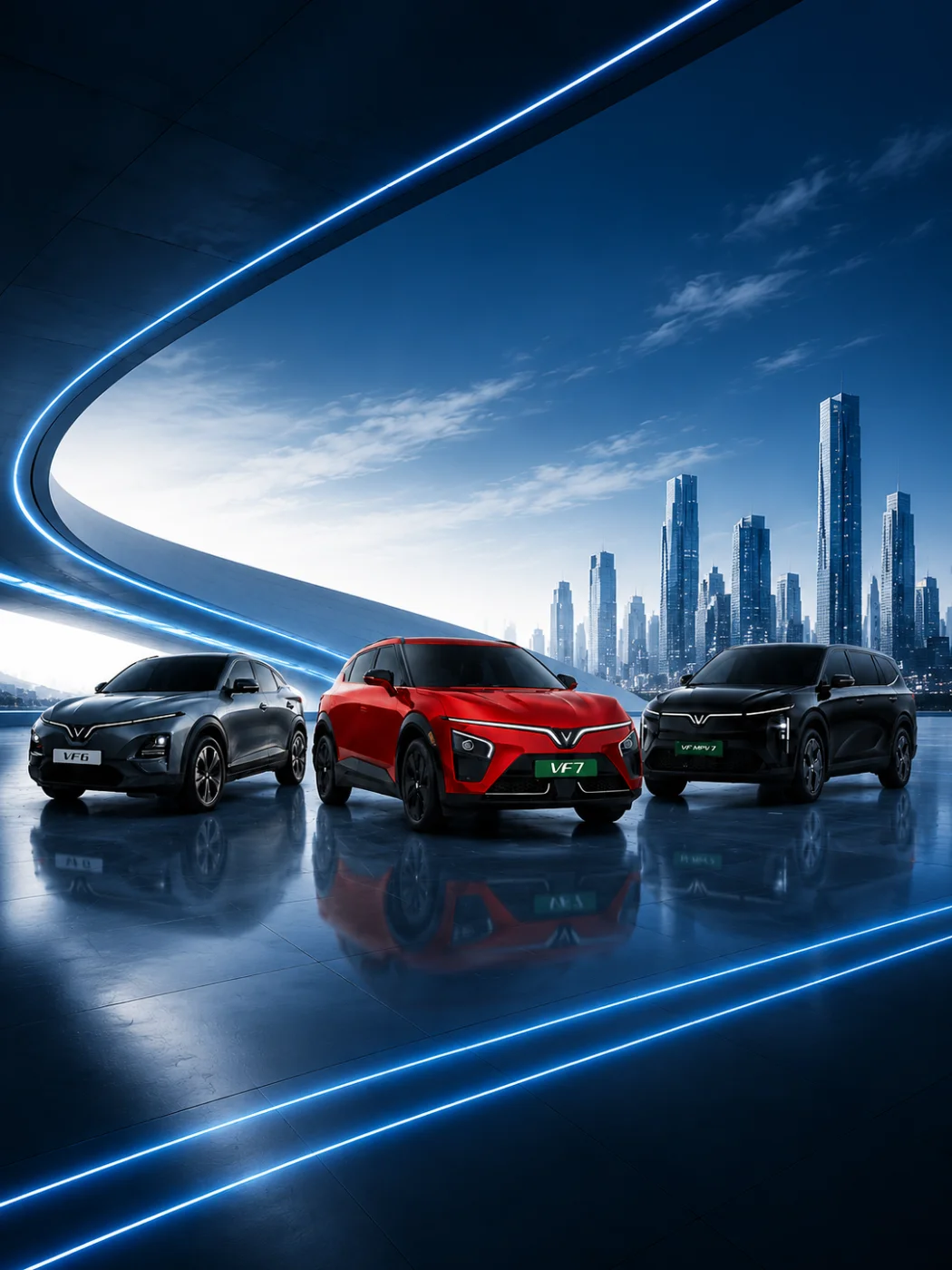 VinFast VF 6, VF 7 and VF MPV 7 lineup at Lakshmi VinFast Bangalore
